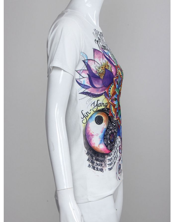 Women Casual Letter Flower Printed White Short Sleeves Cotton T-shirt